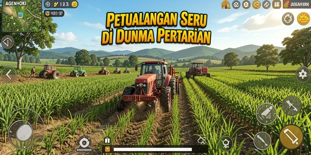 Tampilan gameplay AGENHOKI dengan lahan pertanian yang indah dan interaksi hewan.