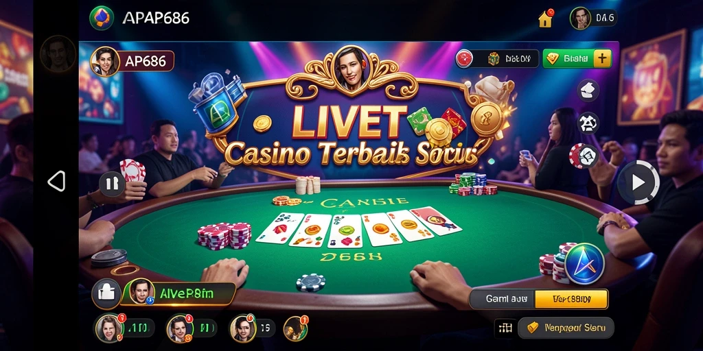 Screenshot gameplay AP686 yang menunjukkan dealer langsung dan suasana kasino.