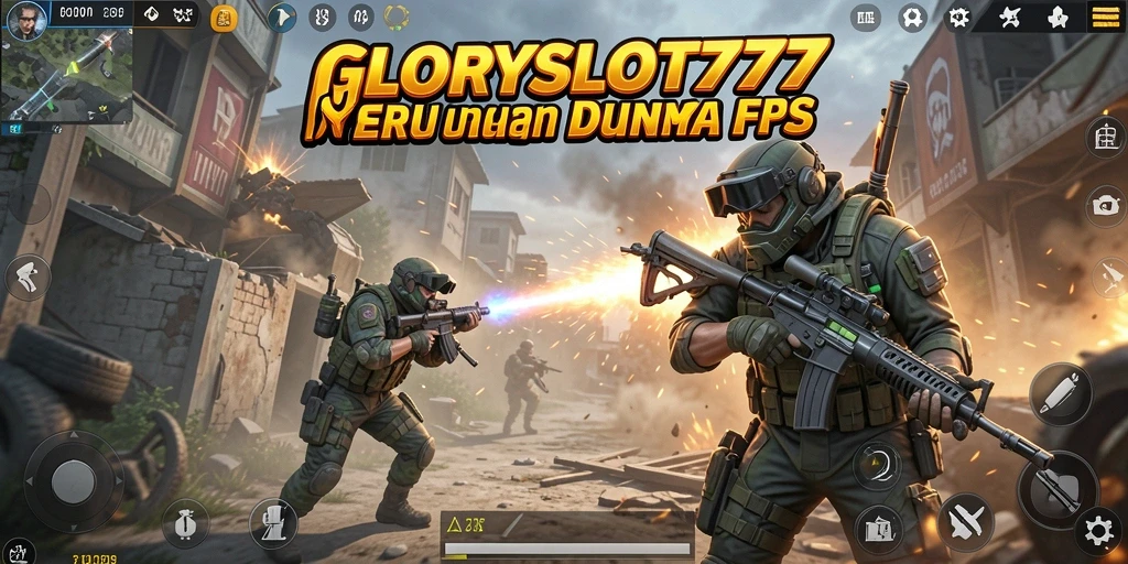 Menampilkan aksi menegangkan dari gameplay GLORYSLOT777 di medan perang FPS.