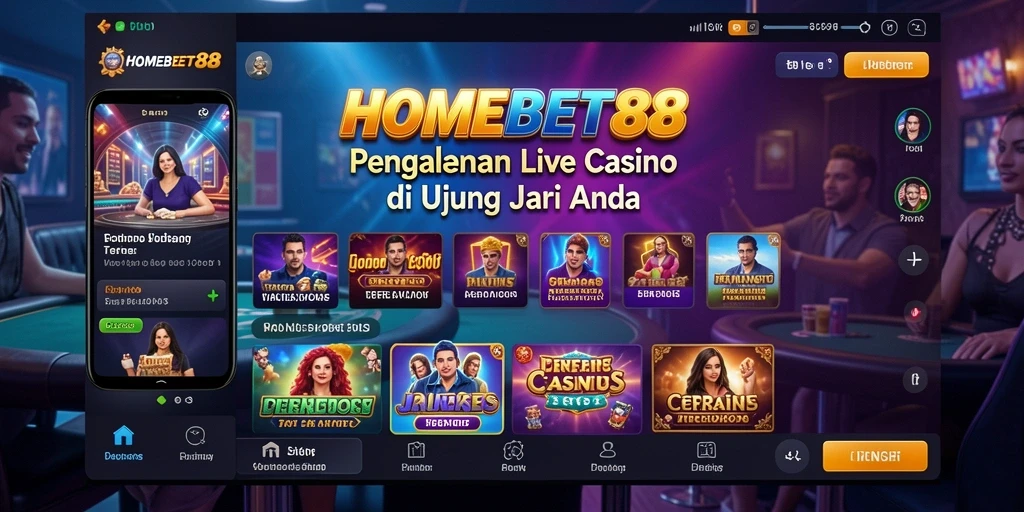 Screenshot gameplay <strong>HOMEBET88</strong> dengan dealer langsung dan suasana kasino yang menarik.