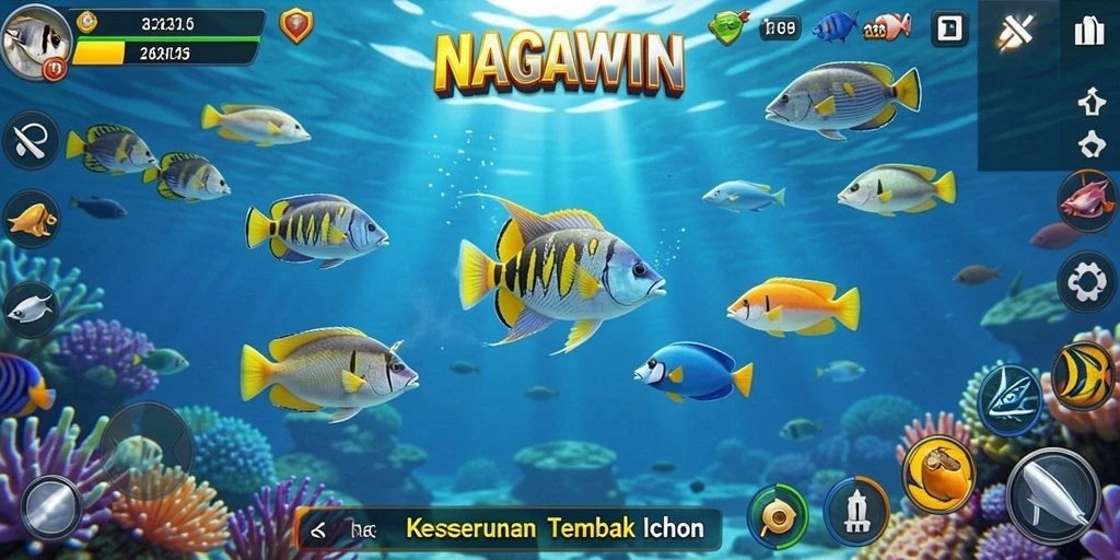 Tampilan gameplay seru dalam NAGAWIN saat menembak ikan di laut.