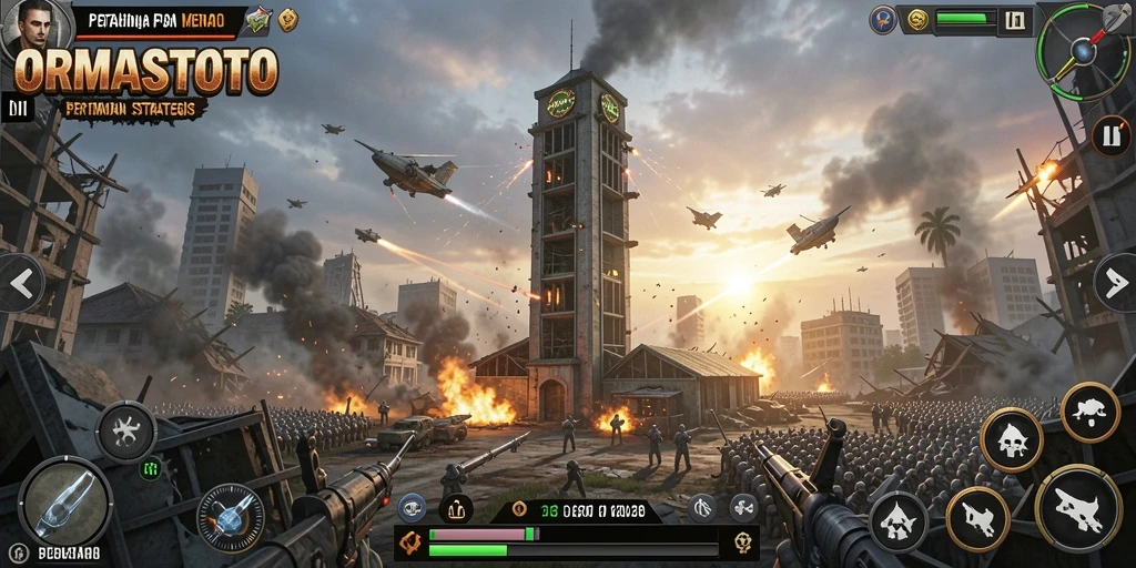 Tangkapan layar gameplay ORMASSTOTO dengan menara yang strategis dan gelombang musuh.