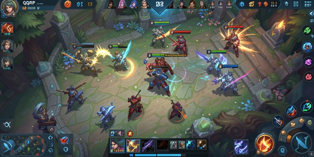 Tangkapan layar gameplay QQRP dengan pertarungan tim yang seru.