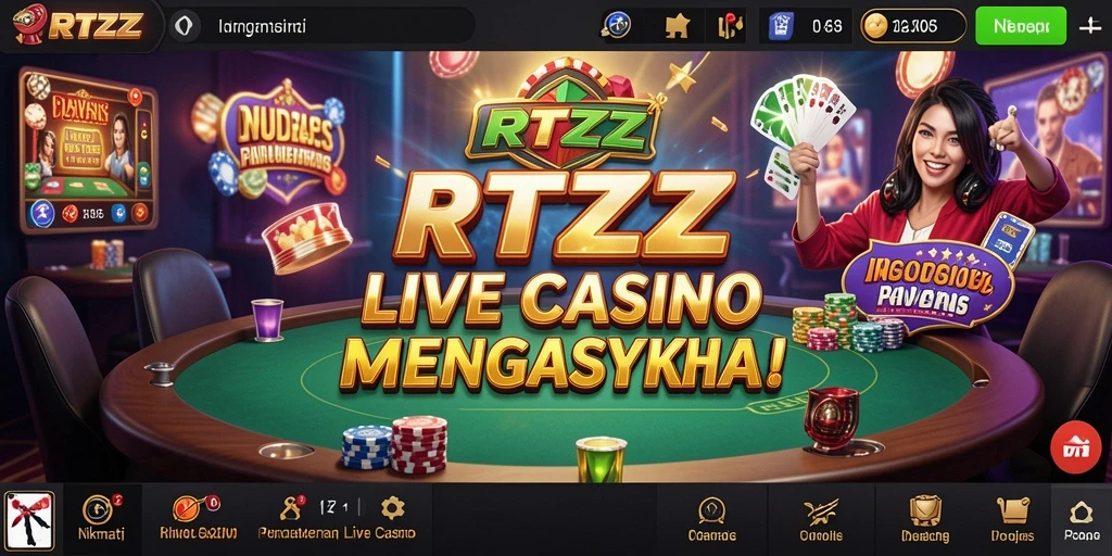 Screenshot gameplay RTZZ menampilkan dealer langsung dan suasana kasino yang realistis.