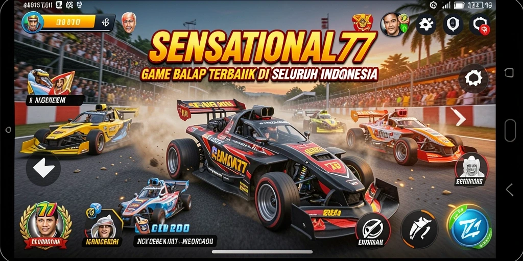 Tampilan gameplay balap dengan mobil yang beraksi di trek.