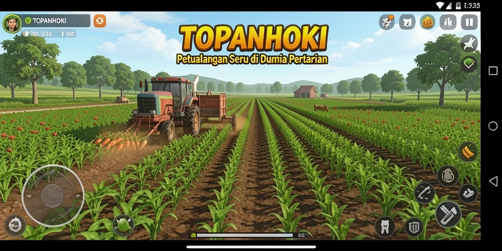 Screenshot gameplay dari TOPANHOKI yang menunjukkan aktivitas pertanian.