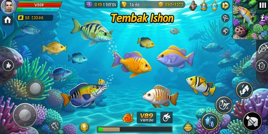 Screenshot gameplay V89 menampilkan aksi menembak ikan yang seru.